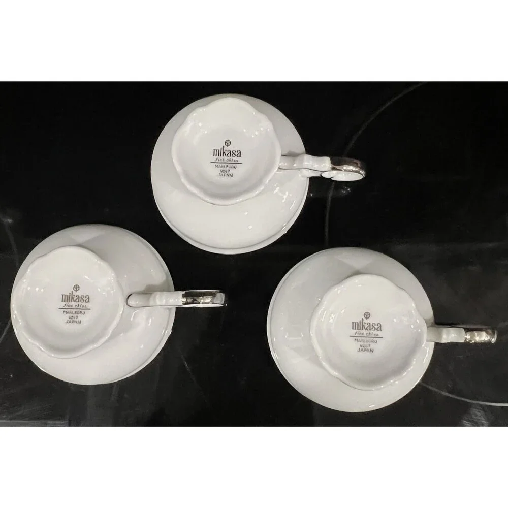 Set of 3 Mikasa Marlboro Footed Tea Cups 9267 Platinum Trim White Fine China